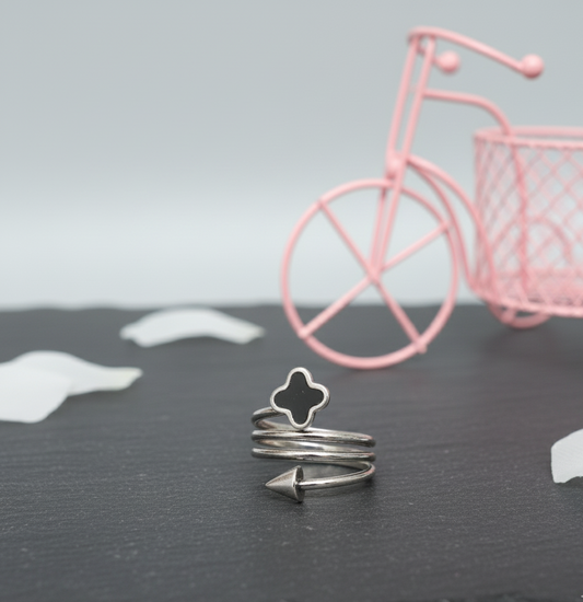 Silver Toned Three-Band Ring with Clover and Triangle Charms - Layered Fashion Jewelry Stainless Steel