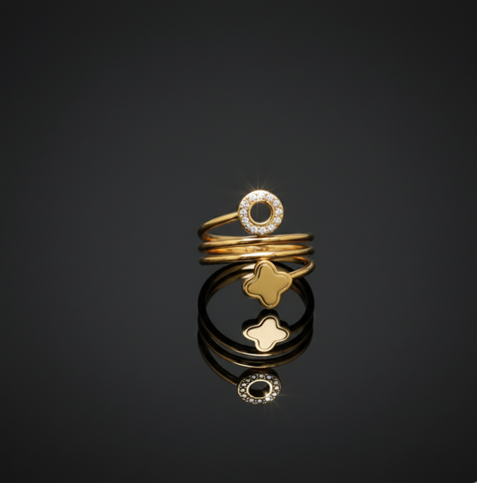 Gold Toned Spiral Ring with Clover and Logo Charms Stainless Steel