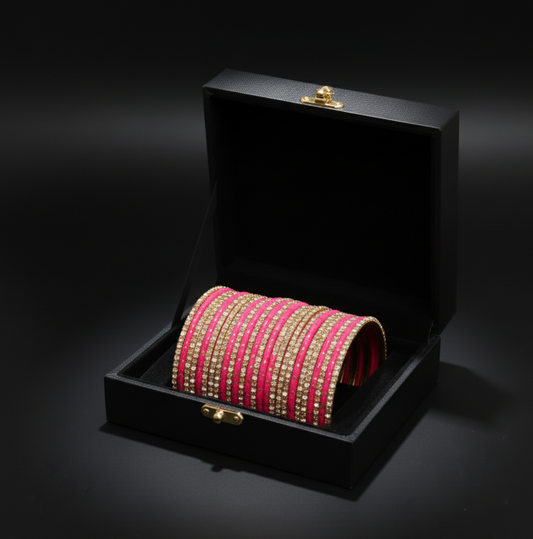 Vibrant Hot Pink Rhinestone Bangle Stack Stainless