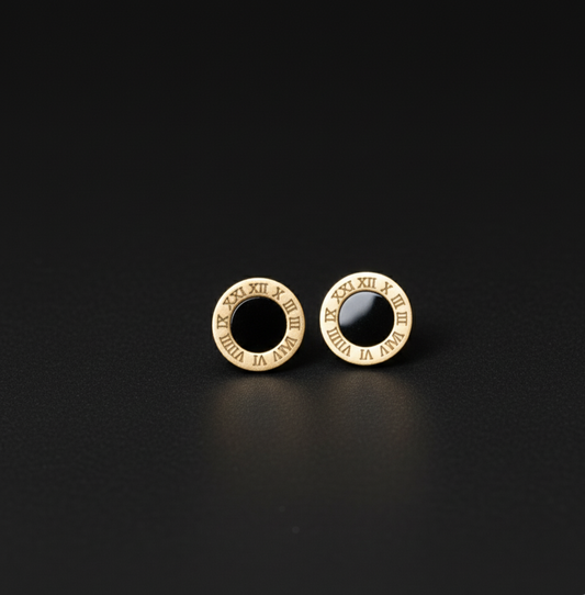 Gold Plated Black Enamel Stud Earrings Stainless Steel
