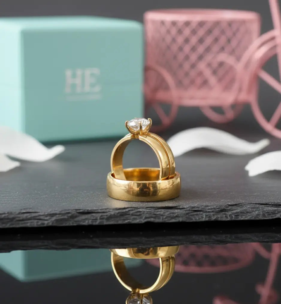 Cubic Zirconia Engagement & Wedding Gold Couple Ring