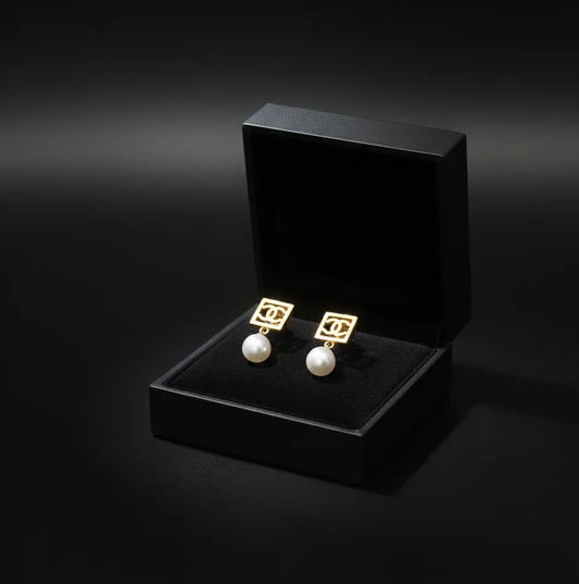Gold Plated Square & Pearl Drop Earrings Stainless Steel
