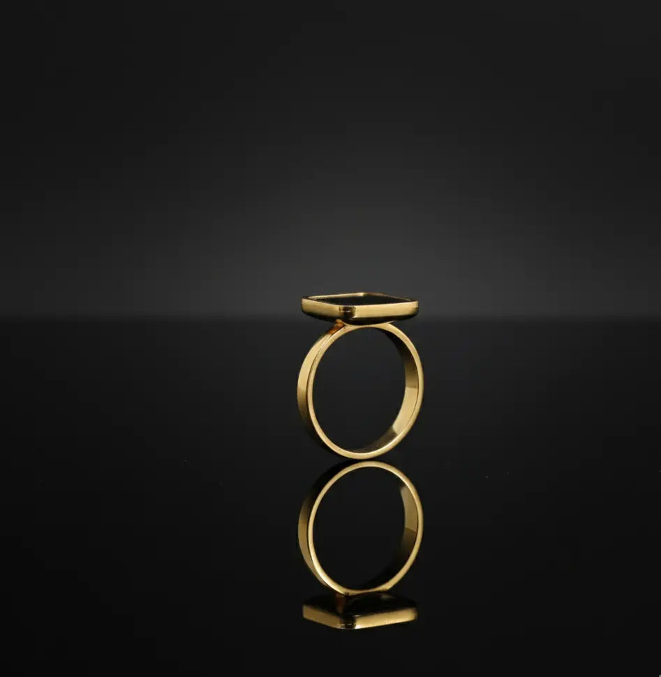 Modern Black Square Enamel Gold Toned Ring