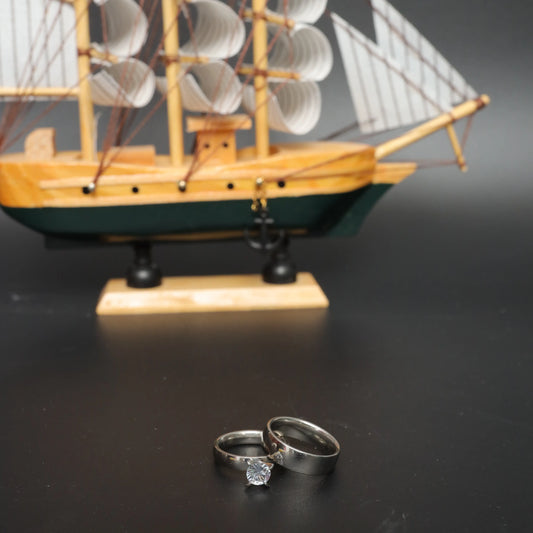 Polished Silver Couple Ring Set with Solitaire Stone Stainless Steel