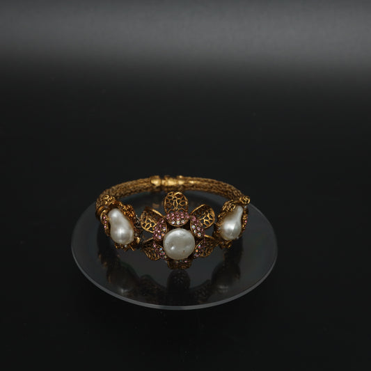 Rhinestone Flower & Pearl Turkish Design Bracelet Stainless