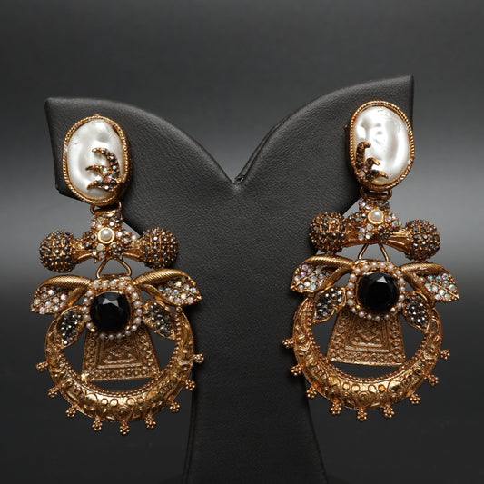 Baroque Black Stone and Carved Pearl Statement Earrings
