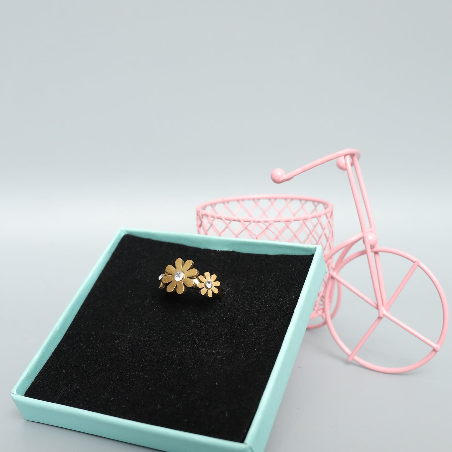 Dainty Gold Toned Double Flower Ring with Rhinestones - Everyday Floral Jewelry Stainless Steel