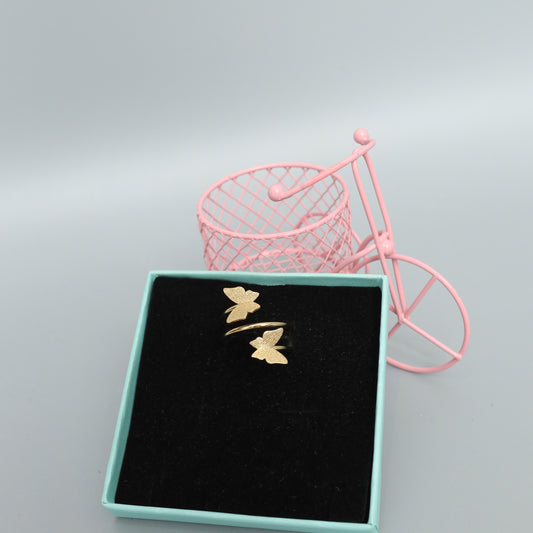 Chic Gold Toned Double Butterfly Ring - Textured Minimalist Nature Jewelry Stainless Steel
