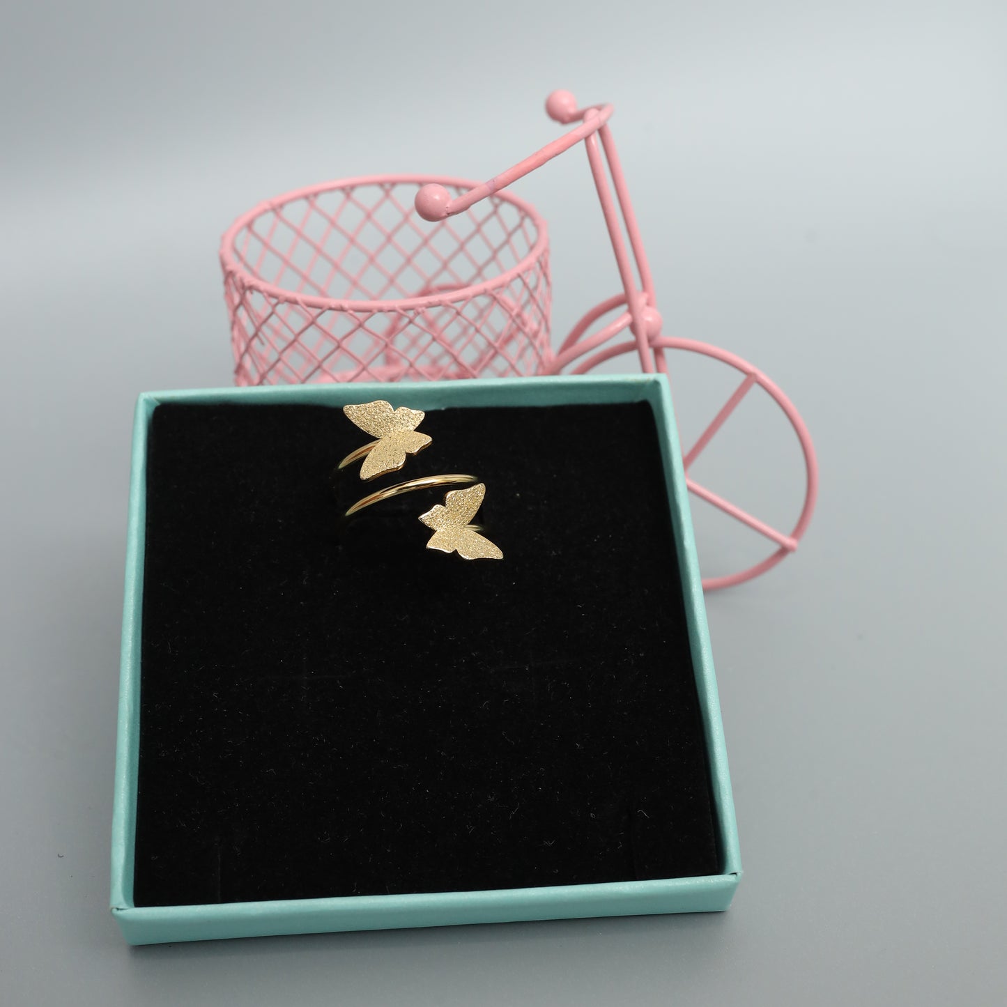 Chic Gold Toned Double Butterfly Ring - Textured Minimalist Nature Jewelry Stainless Steel