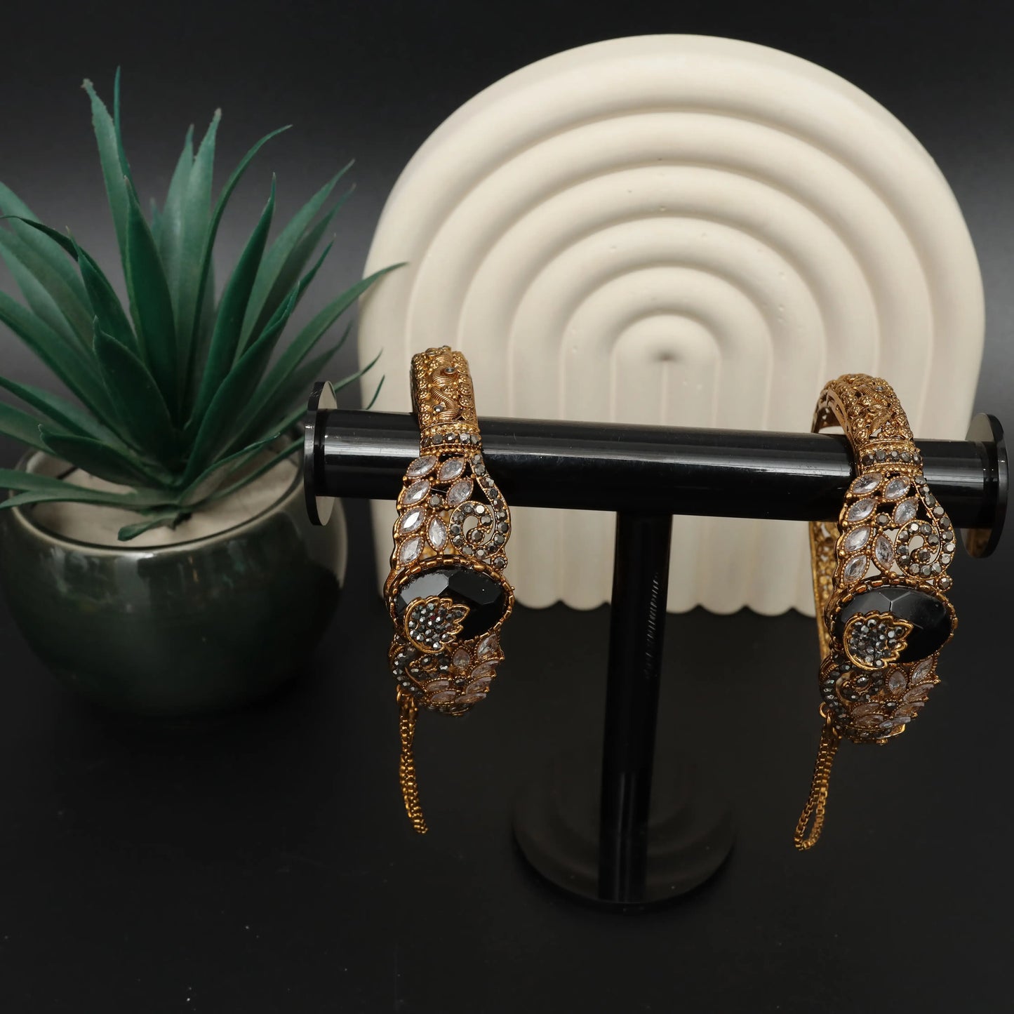 Rhinestone & Black Enamel Turkish Cuff Bangles Stainless