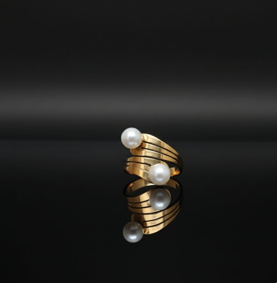 Statement Gold Toned Double Pearl Wrap Ring - Elegant Chunky Cocktail Jewelry Stainless Steel