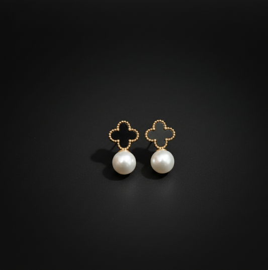 Two-Tone Clover & Pearl Drop Earrings Stainless Steel