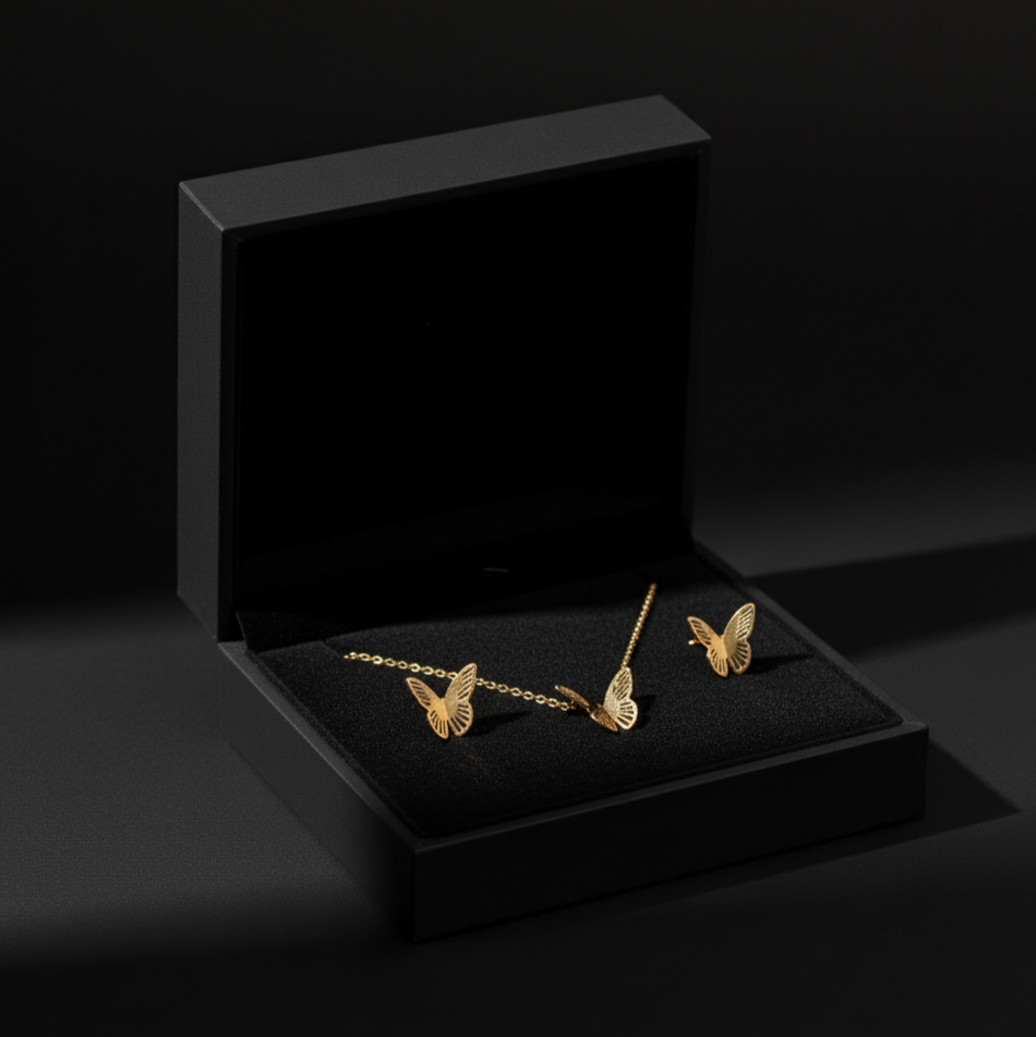 Gold Plated Butterfly Necklace & Earring Set  Stainless Steel