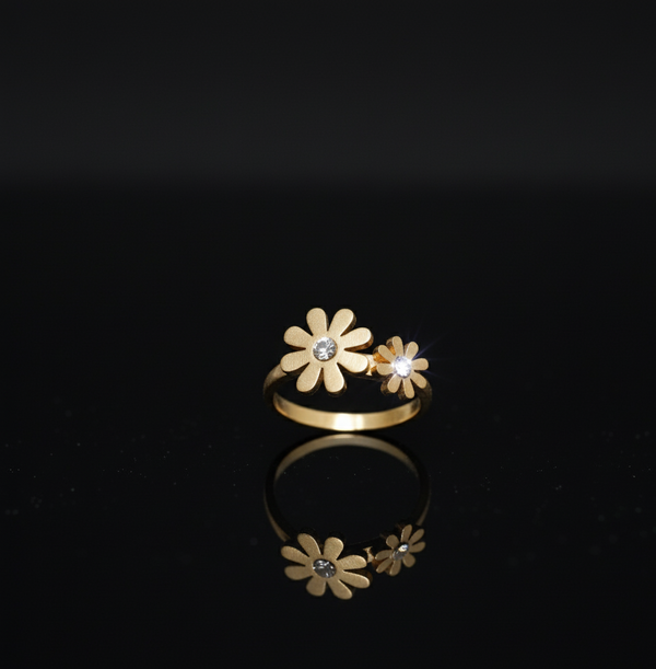 Dainty Gold Toned Double Flower Ring with Rhinestones - Everyday Floral Jewelry  Stainless Steel
