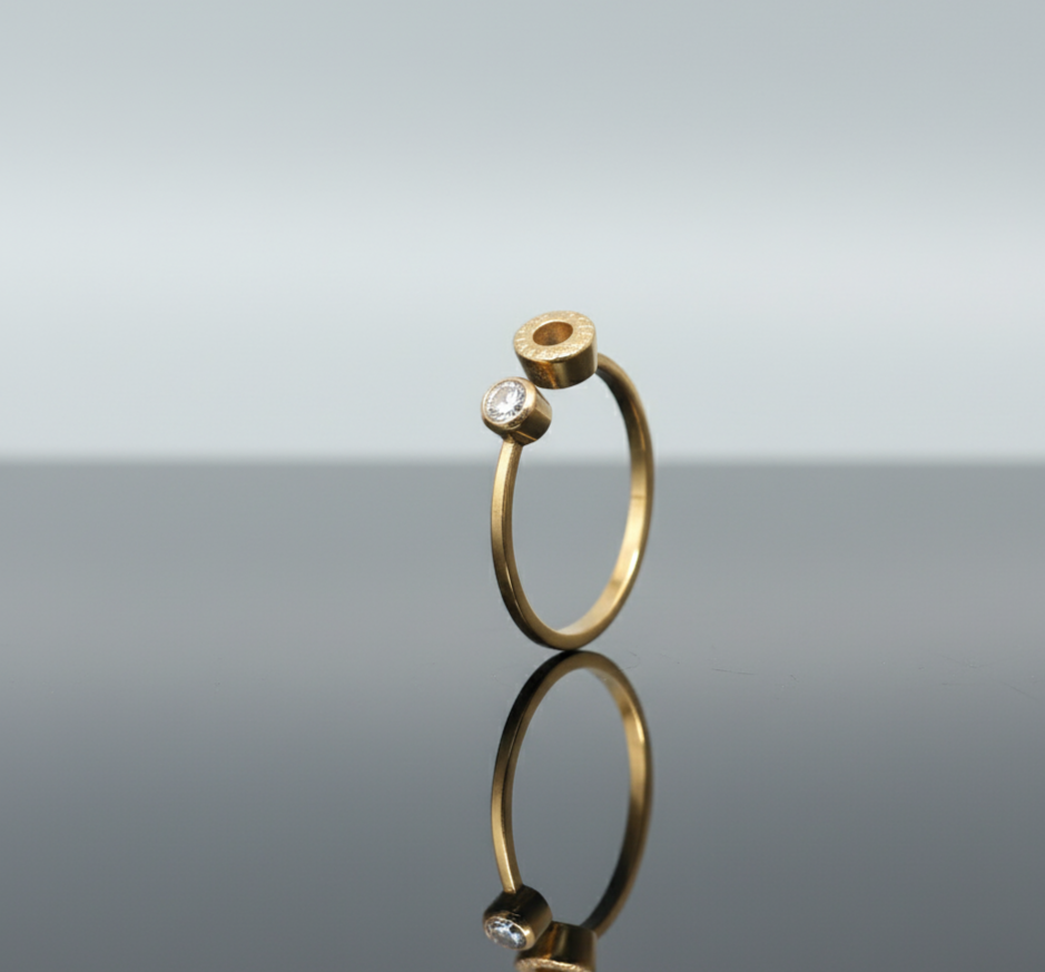 Gold Toned Open Wrap Ring - Rhinestone Solitaire and Roman Numeral Charm  Stainless Steel