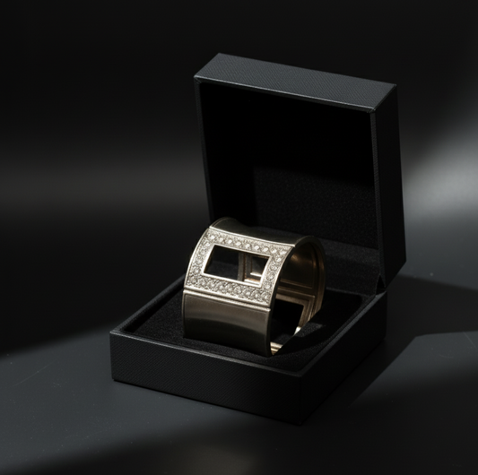 Rhinestone Window Silver Toned Cuff Bangle  Stainless Steel