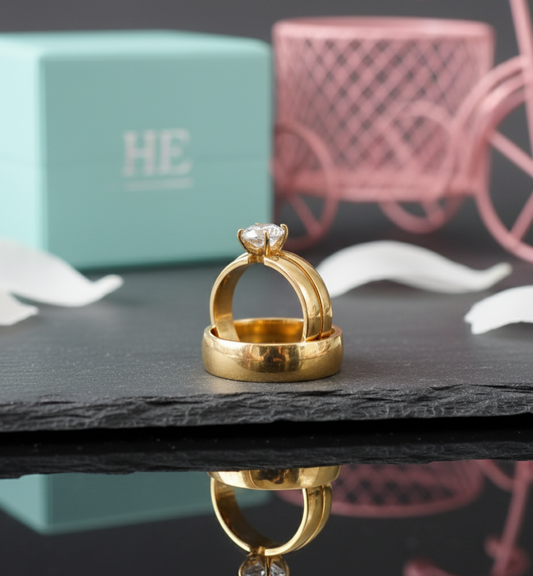 Classic Gold Toned Solitaire Ring Set - Cubic Zirconia Engagement & Wedding Style  Stainless Steel