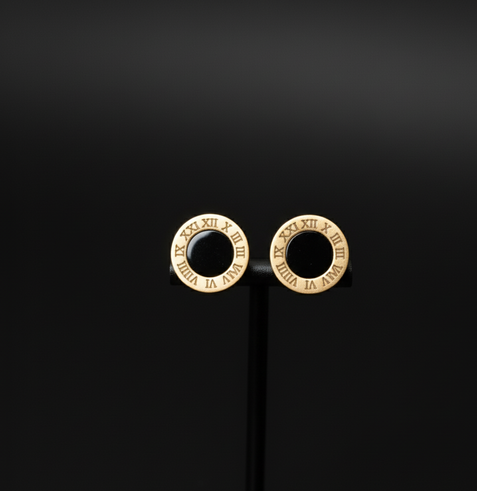 Gold Plated Black Enamel Stud Earrings  Stainless Steel