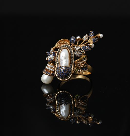 Statement Baroque Pearl and Blue Rhinestone Cocktail Adjustable ring