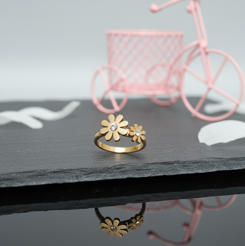 Dainty Gold Toned Double Flower Ring with Rhinestones - Everyday Floral Jewelry  Stainless Steel