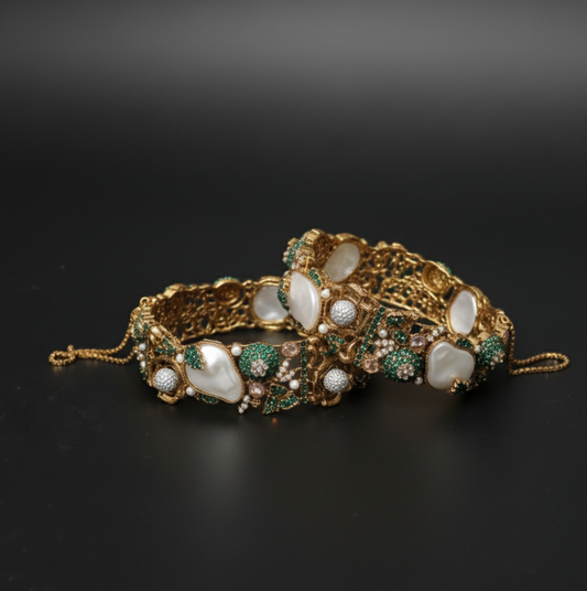 Rhinestone & Green Pearl Cuff Bangles  Stainless