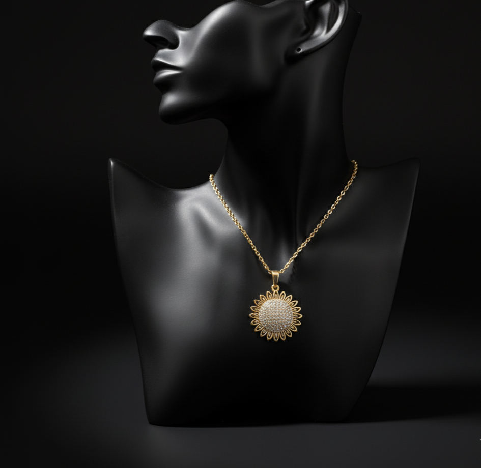 Golden Aura – Radiant Sunburst Pendant Necklace  Stainless Steel