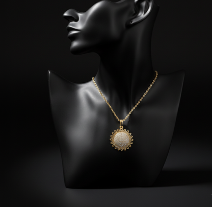 Golden Aura – Radiant Sunburst Pendant Necklace  Stainless Steel