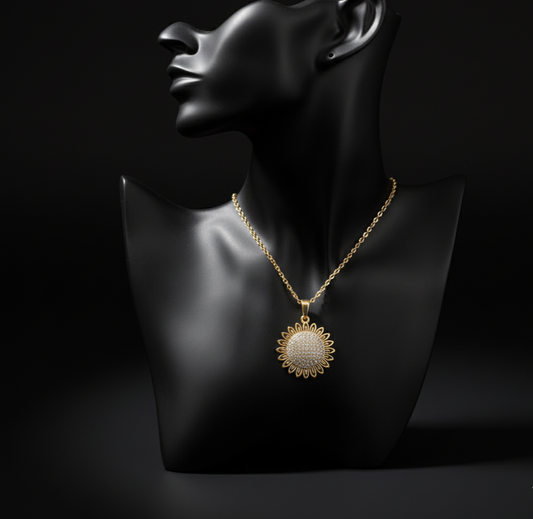 Golden Aura – Radiant Sunburst Pendant Necklace  Stainless Steel