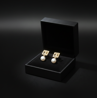 Gold Plated Square & Pearl Drop Earrings  Stainless Steel