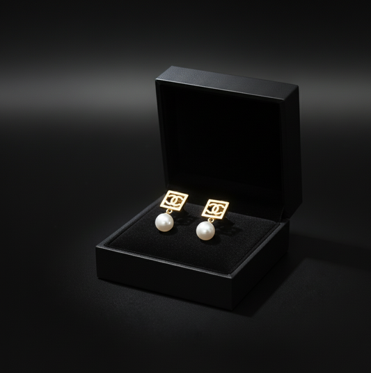 Gold Plated Square & Pearl Drop Earrings  Stainless Steel