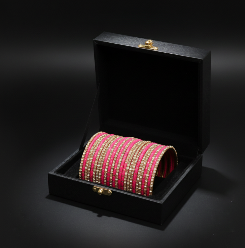 Vibrant Hot Pink Rhinestone Bangle Stack  Stainless