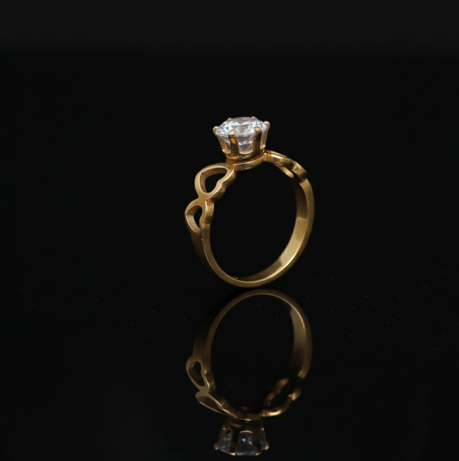 Gold Toned Solitaire Ring with Heart Detail Band  Stainless Steel