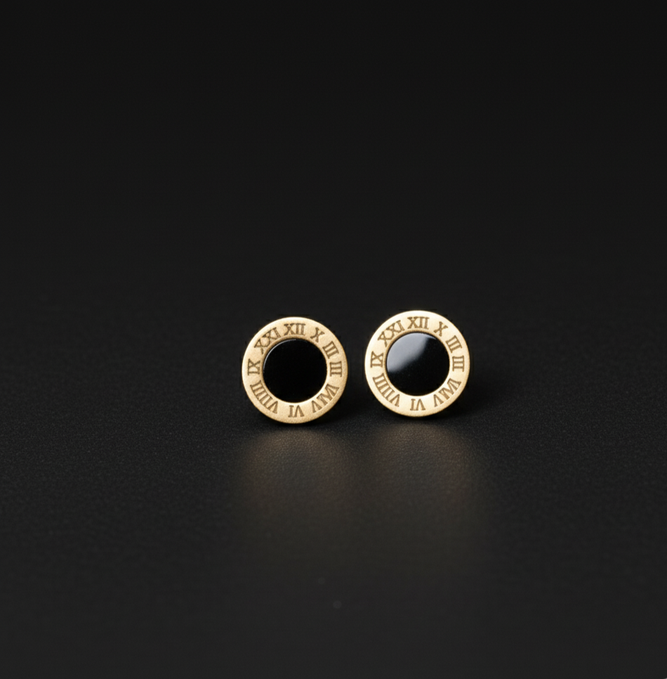 Gold Plated Black Enamel Stud Earrings  Stainless Steel