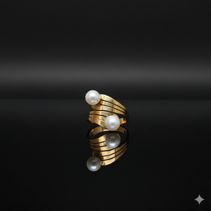 Statement Gold Toned Double Pearl Wrap Ring - Elegant Chunky Cocktail Jewelry  Stainless Steel