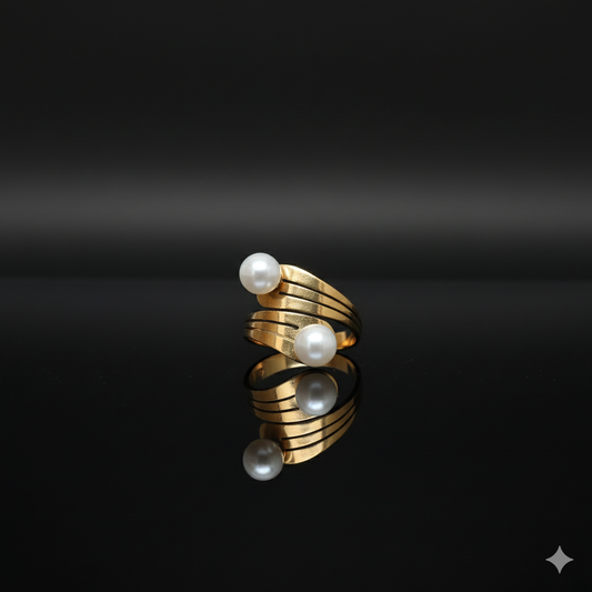 Statement Gold Toned Double Pearl Wrap Ring - Elegant Chunky Cocktail Jewelry  Stainless Steel