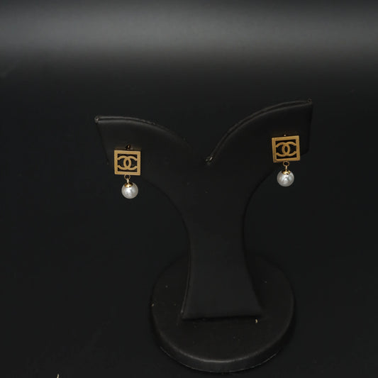 Gold Plated Square & Pearl Drop Earrings Stainless Steel