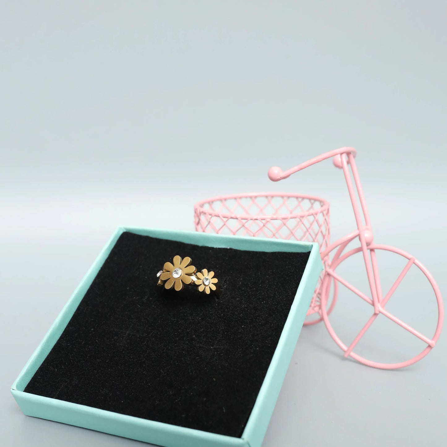 Gold Toned Double Flower Ring with Rhinestones