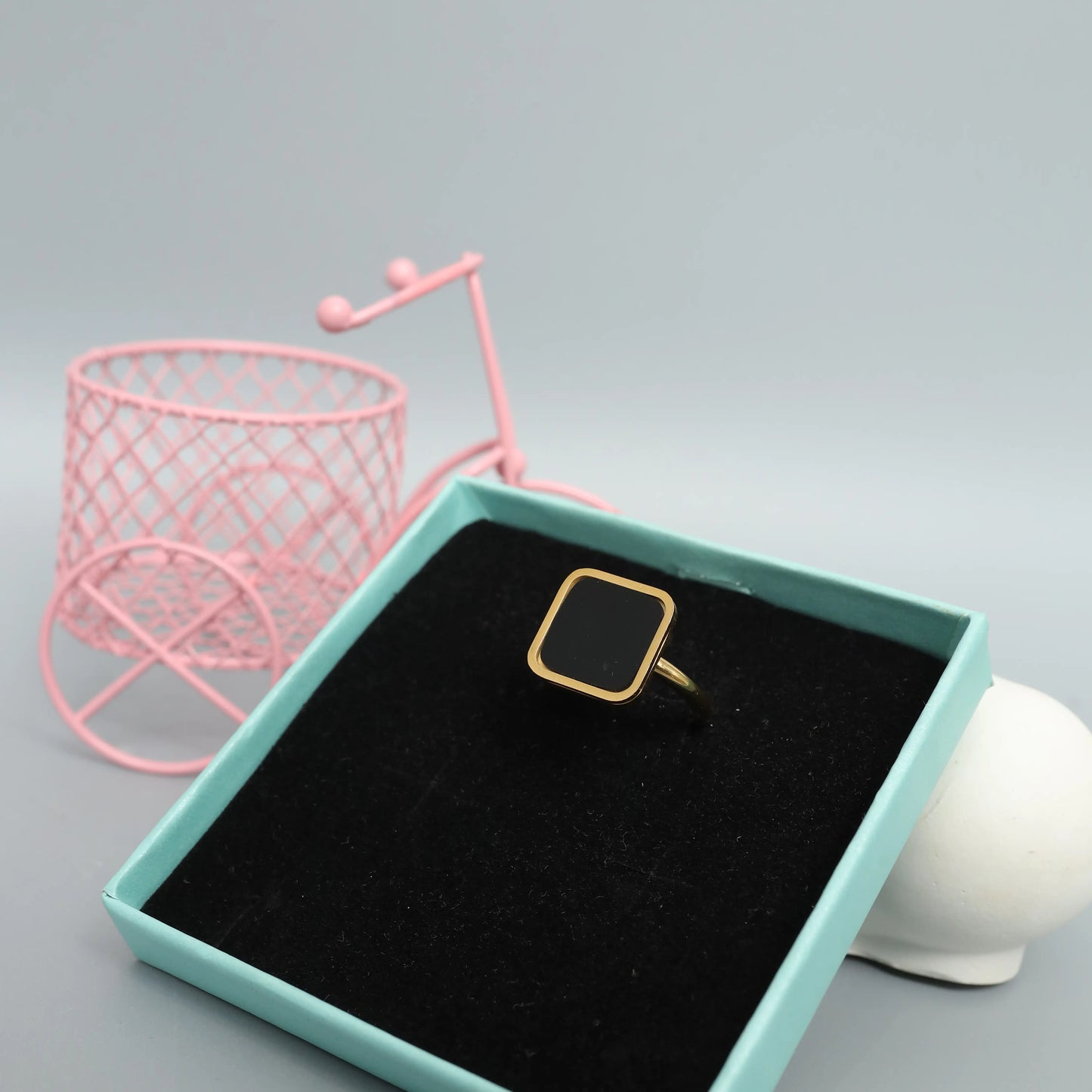 Modern Black Square Enamel Gold Toned Ring