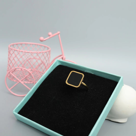 Modern Black Square Enamel Gold Toned Ring