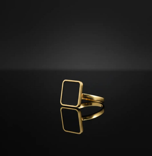Modern Black Square Enamel Gold Toned Ring