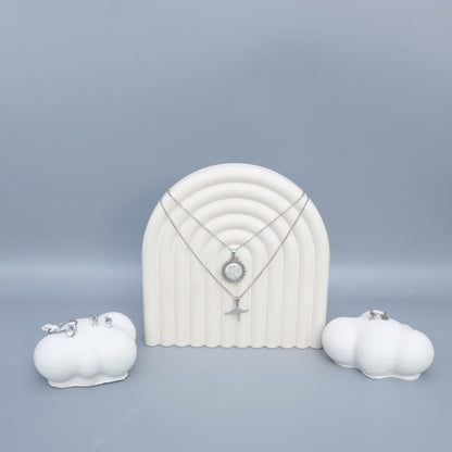 Sterling Silver Dainty Layered Necklace & CZ Stud Earring Set  Stainless Steel