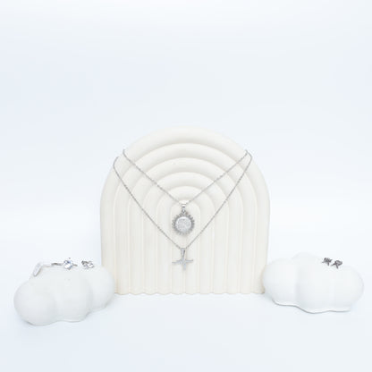 Sterling Silver Dainty Layered Necklace & CZ Stud Earring Set  Stainless Steel