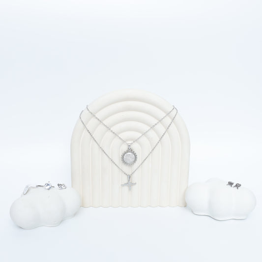 Sterling Silver Dainty Layered Necklace & CZ Stud Earring Set  Stainless Steel