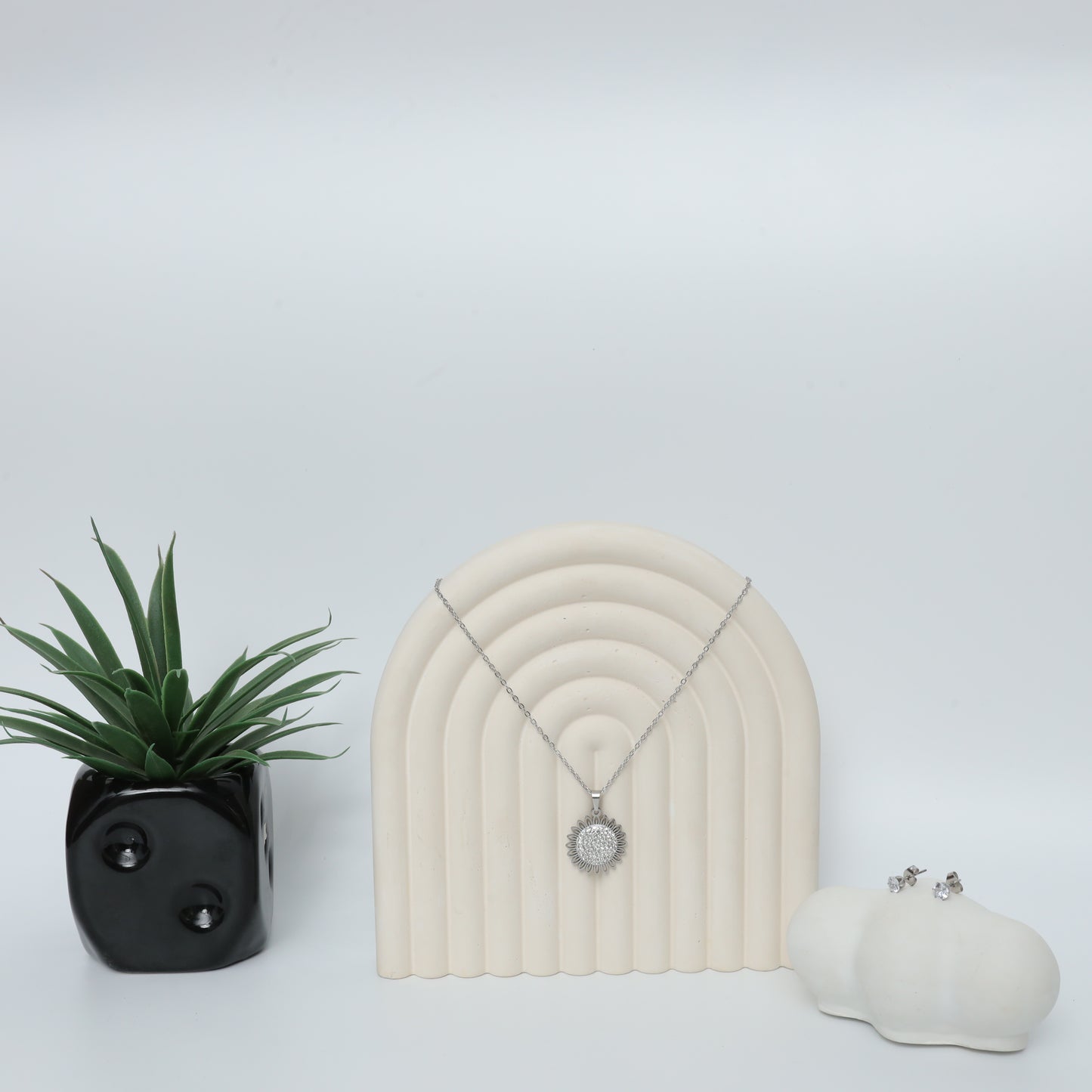 Sterling Silver Sunburst Necklace & Stud Earring Set  Stainless Steel