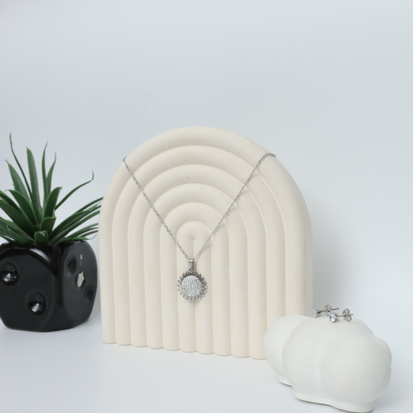 Sterling Silver Sunburst Necklace & Stud Earring Set  Stainless Steel