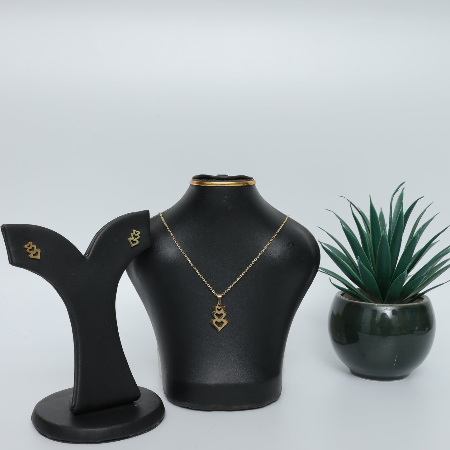Gold Plated Triple Heart Necklace & Earrings Set  Stainless Steel