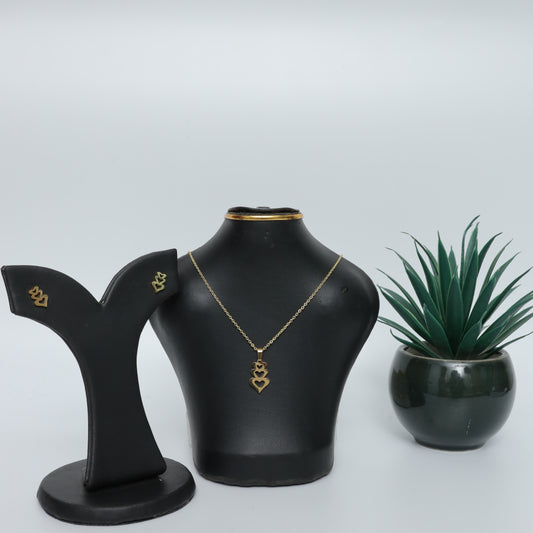 Gold Plated Triple Heart Necklace & Earrings Set  Stainless Steel