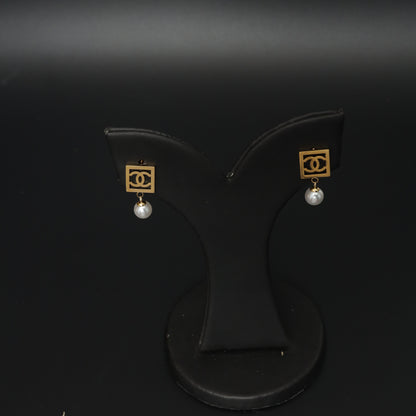 Gold Plated Square & Pearl Drop Earrings  Stainless Steel