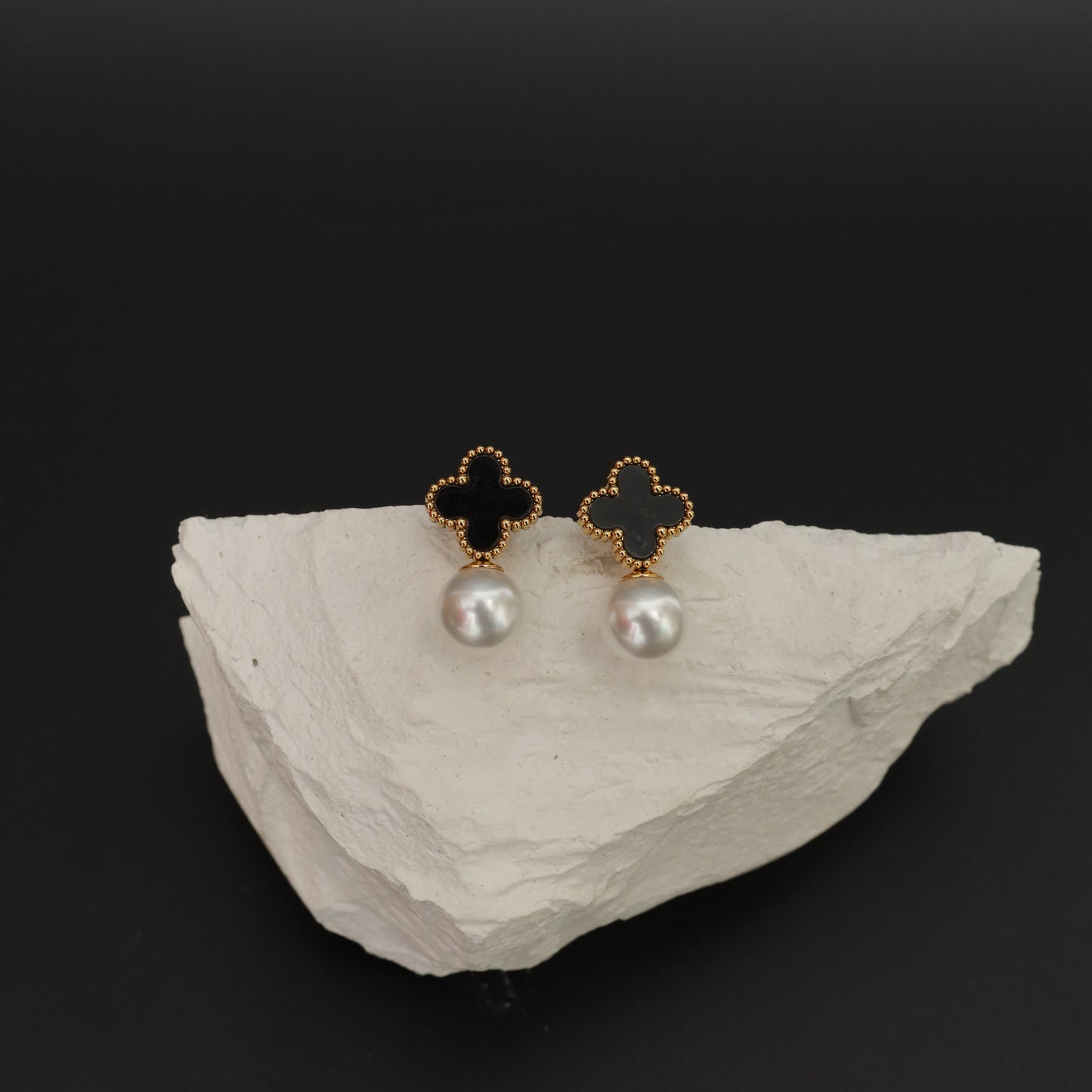 Two-Tone Clover & Pearl Drop Earrings  Stainless Steel