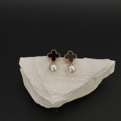 Two-Tone Clover & Pearl Drop Earrings  Stainless Steel